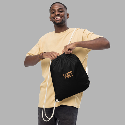 Good Vibes Drawstring Bag, Unisex Organic Cotton Bag