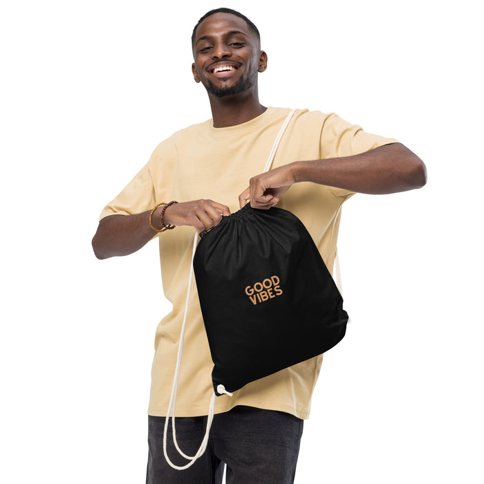 Good Vibes Drawstring Bag, Unisex Organic Cotton Bag